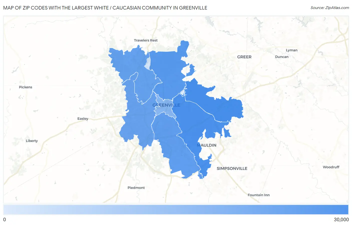 Zip Codes with the Largest White / Caucasian Community in Greenville Map
