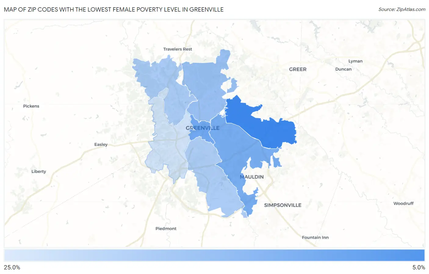 Zip Codes with the Lowest Female Poverty Level in Greenville Map