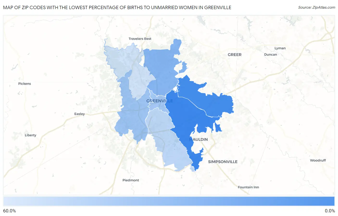 Zip Codes with the Lowest Percentage of Births to Unmarried Women in Greenville Map