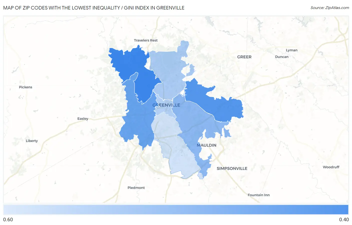 Zip Codes with the Lowest Inequality / Gini Index in Greenville Map