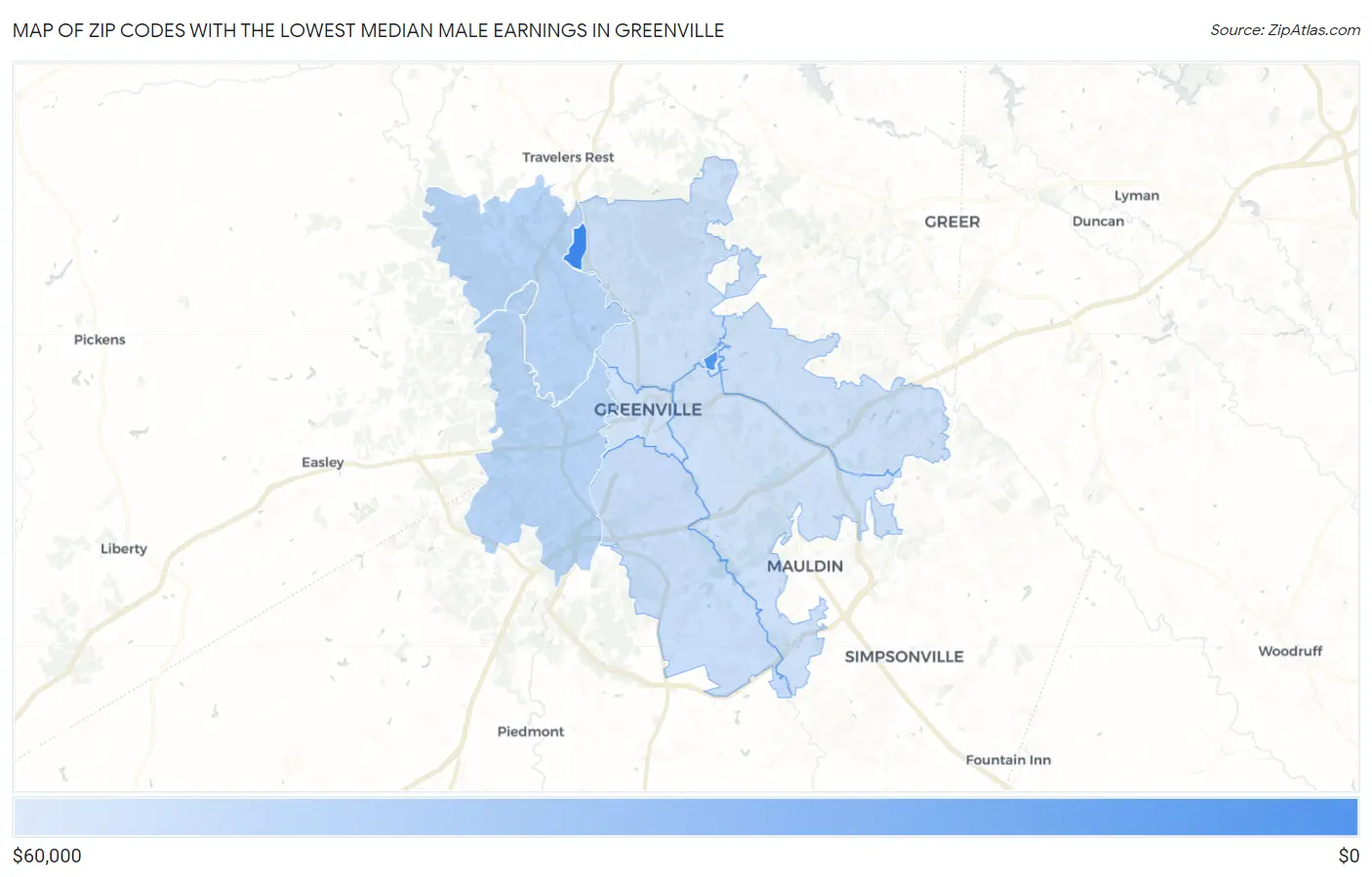 Zip Codes with the Lowest Median Male Earnings in Greenville Map