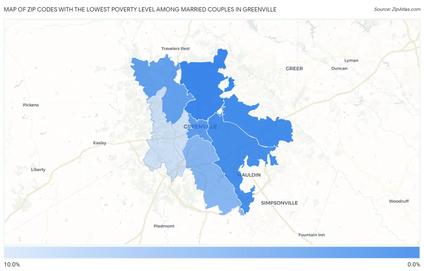 Zip Codes with the Lowest Poverty Level Among Married Couples in Greenville Map