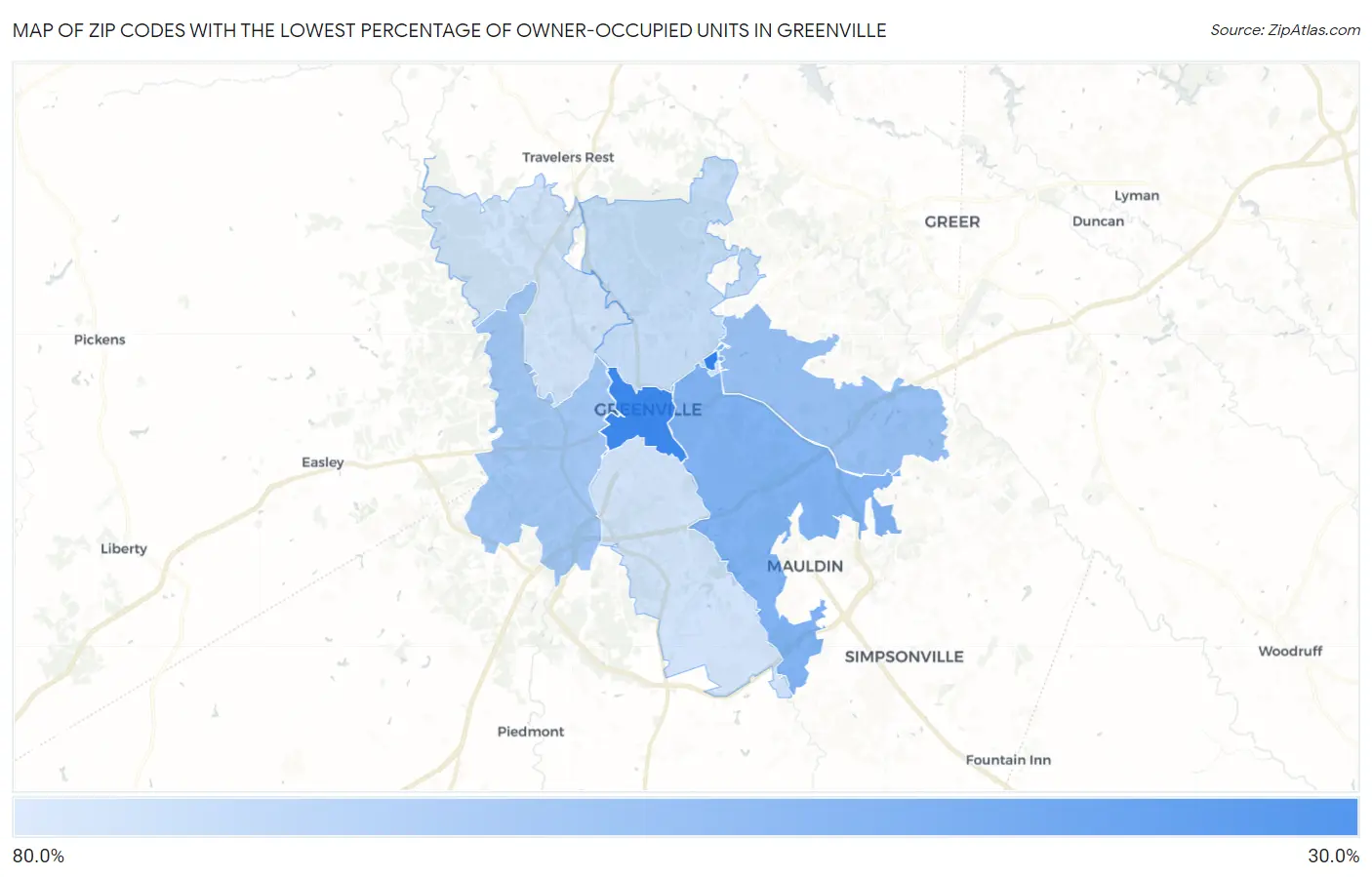 Zip Codes with the Lowest Percentage of Owner-Occupied Units in Greenville Map