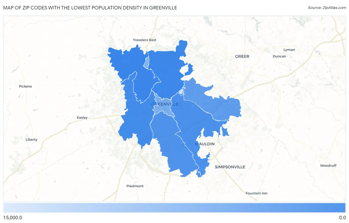 Zip Codes with the Lowest Population Density in Greenville Map