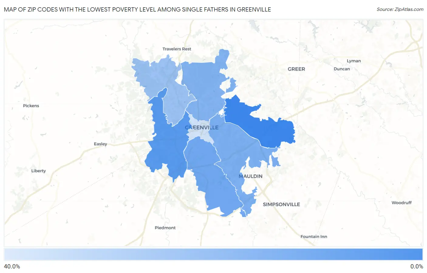 Zip Codes with the Lowest Poverty Level Among Single Fathers in Greenville Map