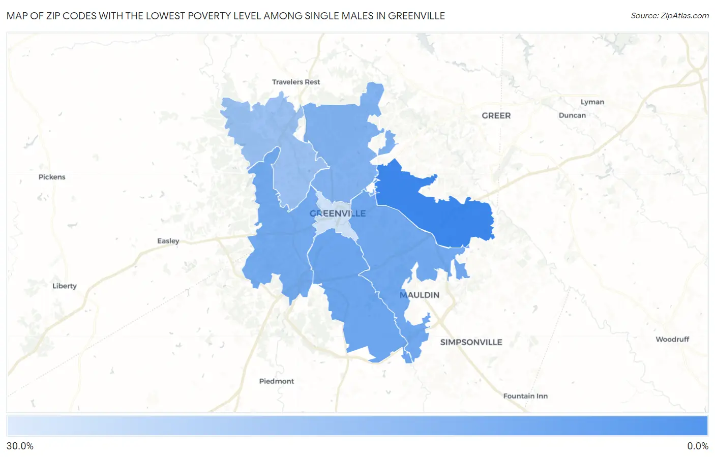 Zip Codes with the Lowest Poverty Level Among Single Males in Greenville Map