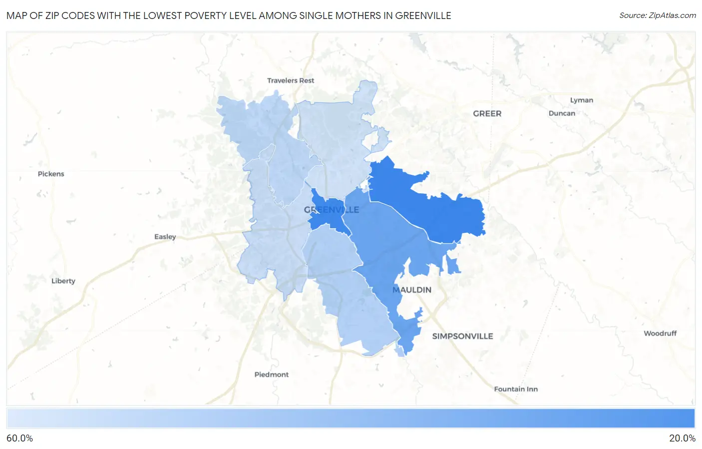 Zip Codes with the Lowest Poverty Level Among Single Mothers in Greenville Map