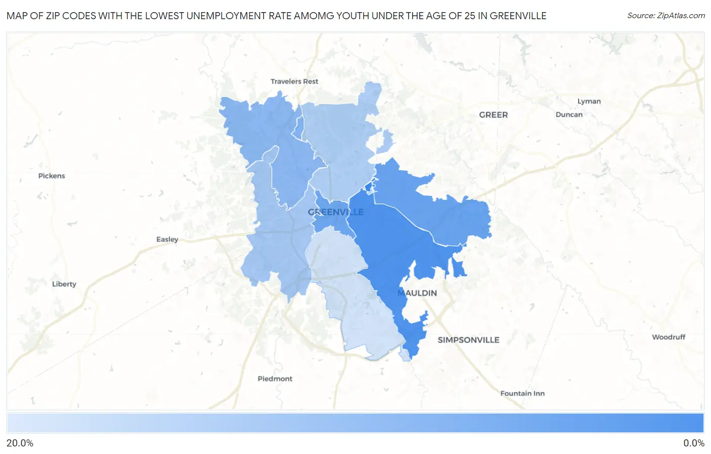 Zip Codes with the Lowest Unemployment Rate Amomg Youth Under the Age of 25 in Greenville Map