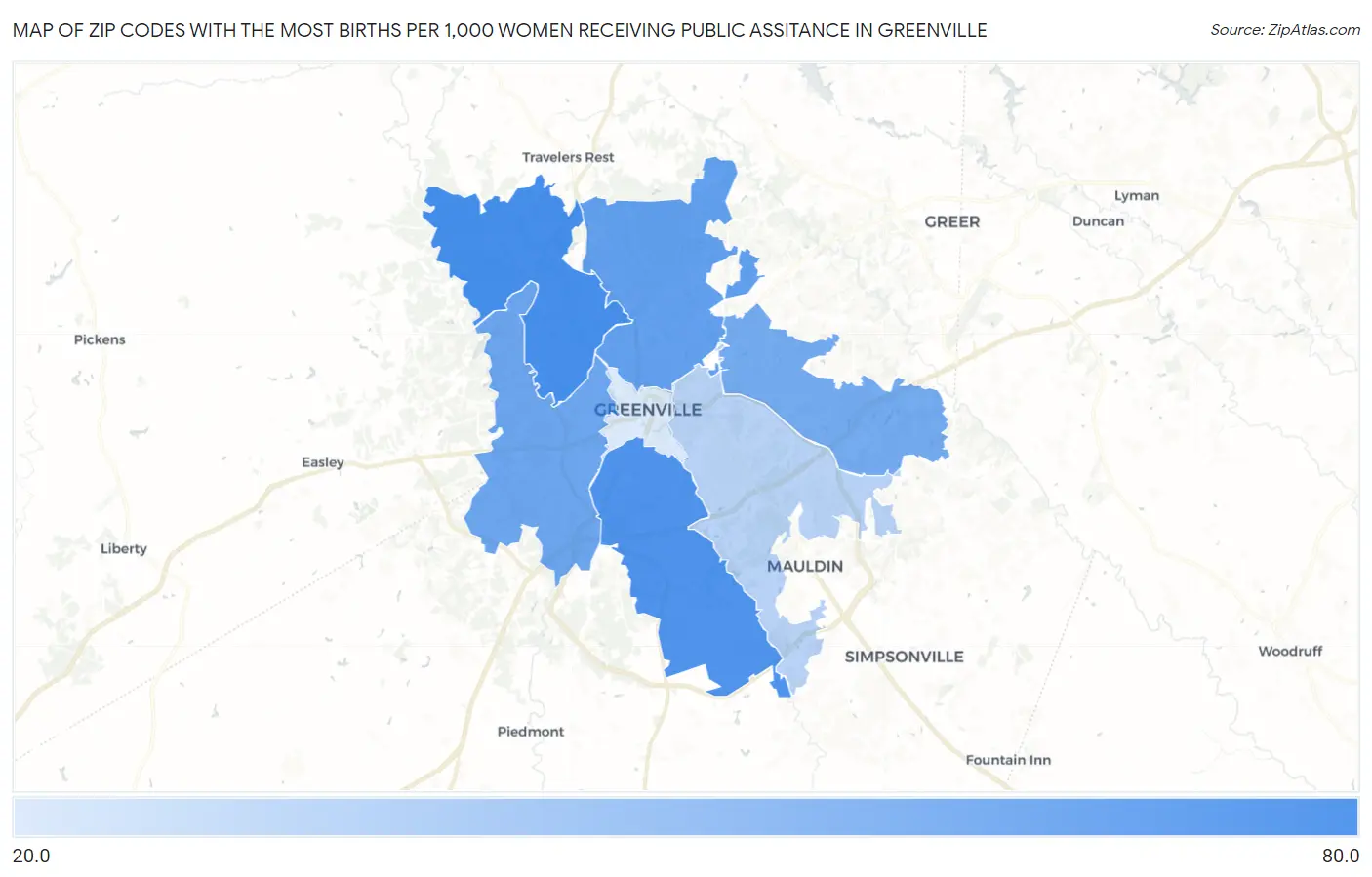 Zip Codes with the Most Births per 1,000 Women Receiving Public Assitance in Greenville Map