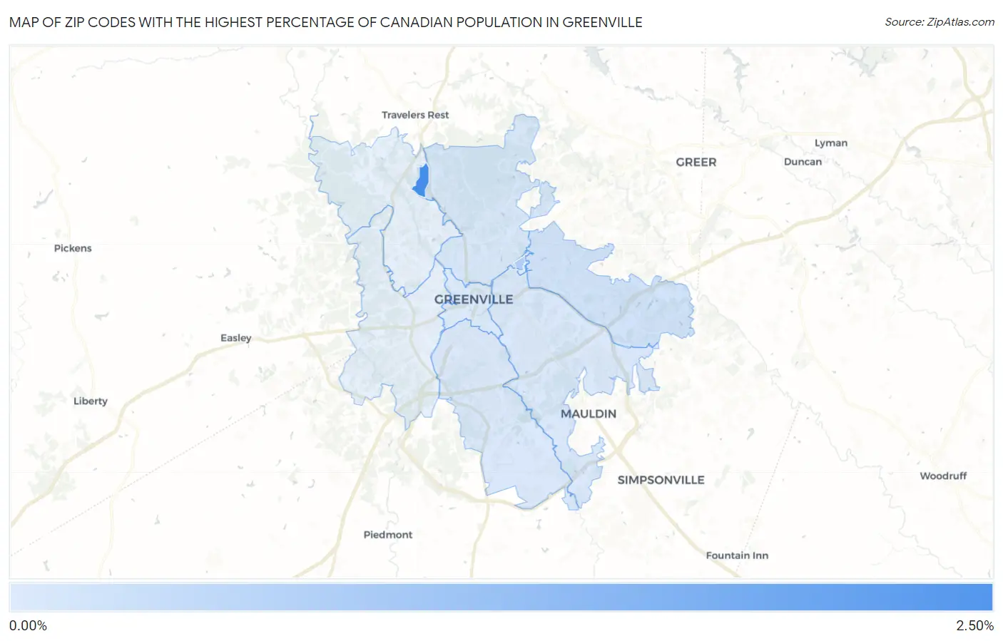 Zip Codes with the Highest Percentage of Canadian Population in Greenville Map