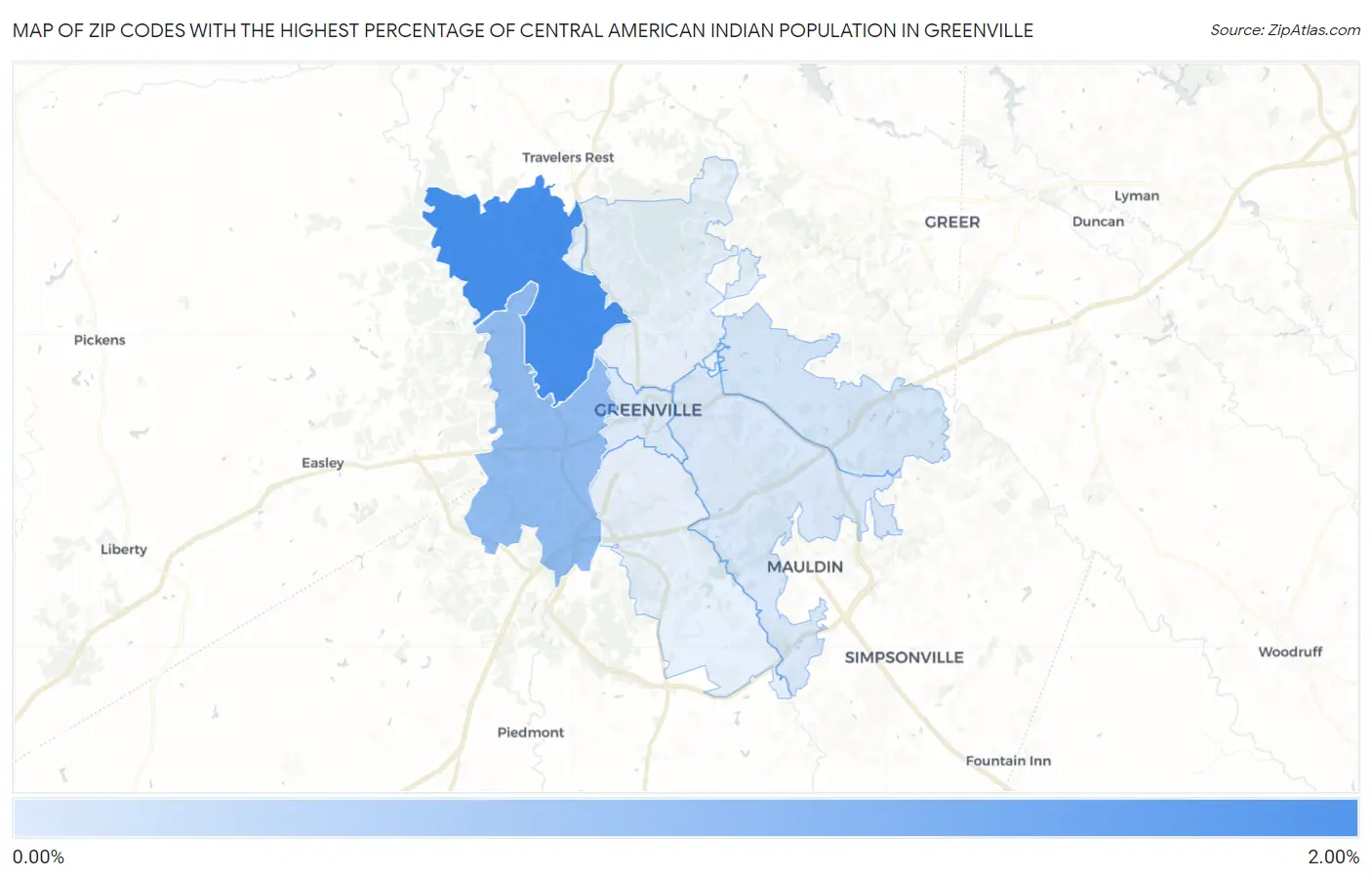 Zip Codes with the Highest Percentage of Central American Indian Population in Greenville Map