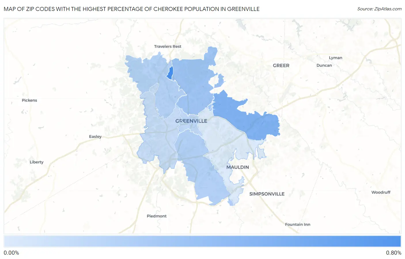 Zip Codes with the Highest Percentage of Cherokee Population in Greenville Map