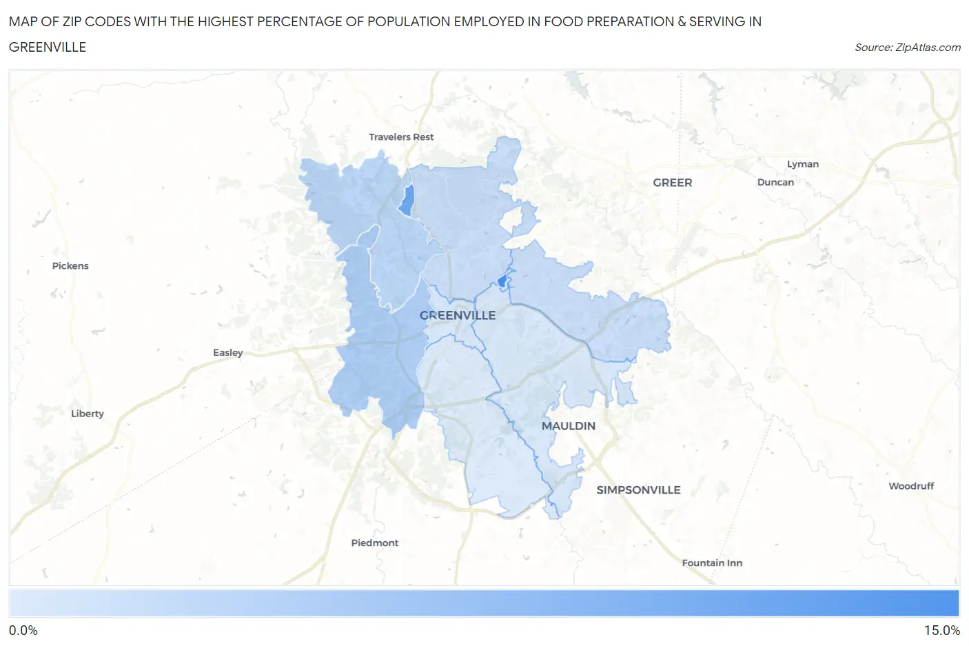 Zip Codes with the Highest Percentage of Population Employed in Food Preparation & Serving in Greenville Map