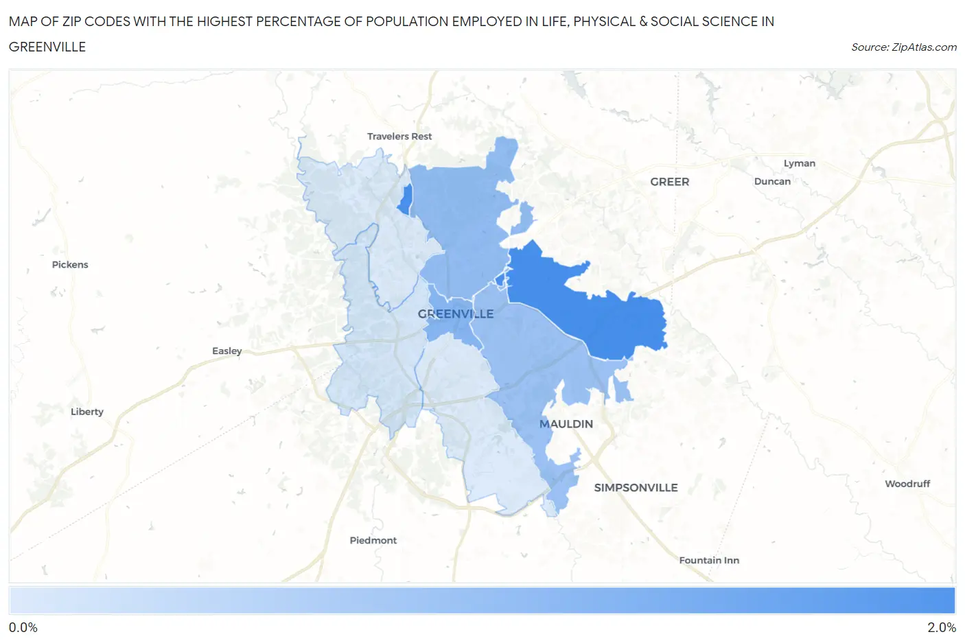 Zip Codes with the Highest Percentage of Population Employed in Life, Physical & Social Science in Greenville Map