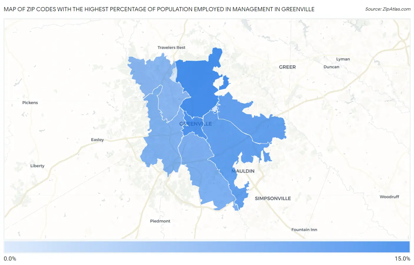 Zip Codes with the Highest Percentage of Population Employed in Management in Greenville Map