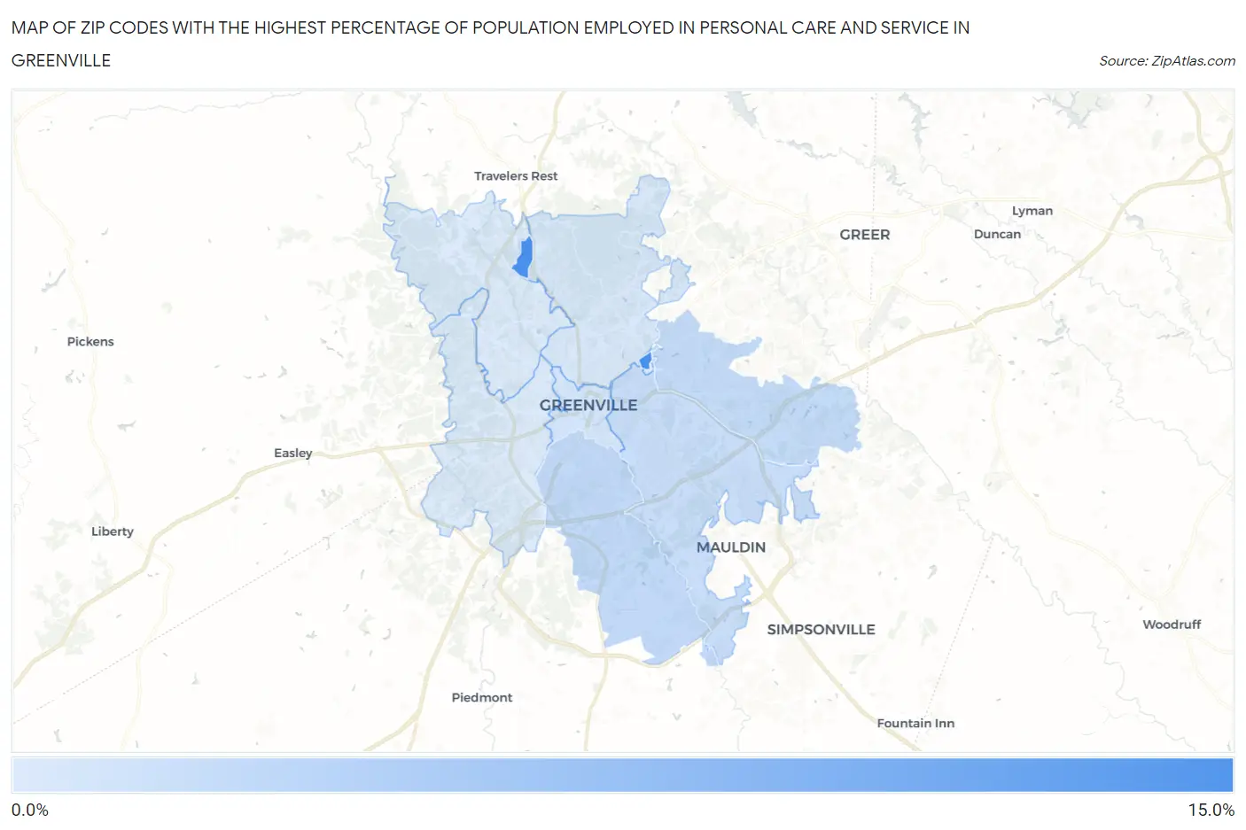 Zip Codes with the Highest Percentage of Population Employed in Personal Care and Service in Greenville Map