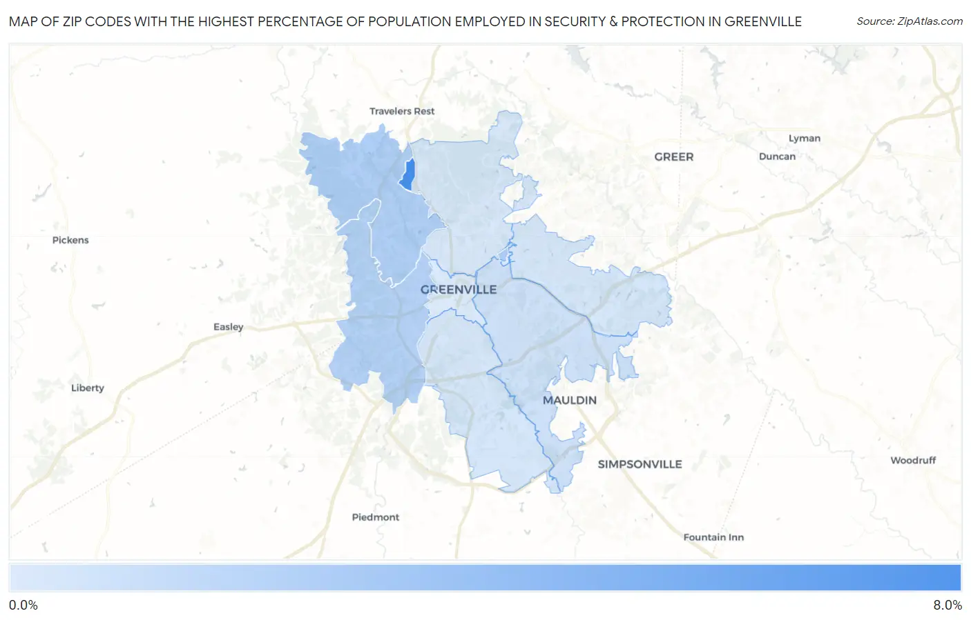 Zip Codes with the Highest Percentage of Population Employed in Security & Protection in Greenville Map