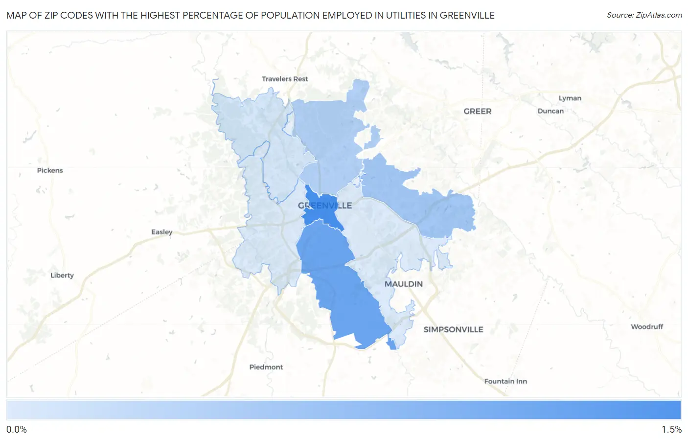 Zip Codes with the Highest Percentage of Population Employed in Utilities in Greenville Map