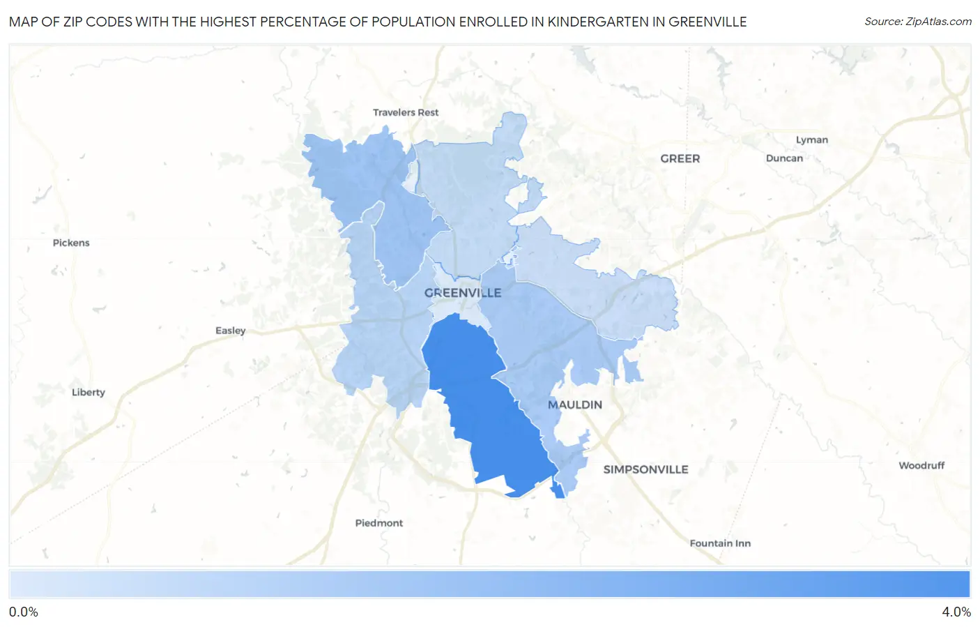 Zip Codes with the Highest Percentage of Population Enrolled in Kindergarten in Greenville Map