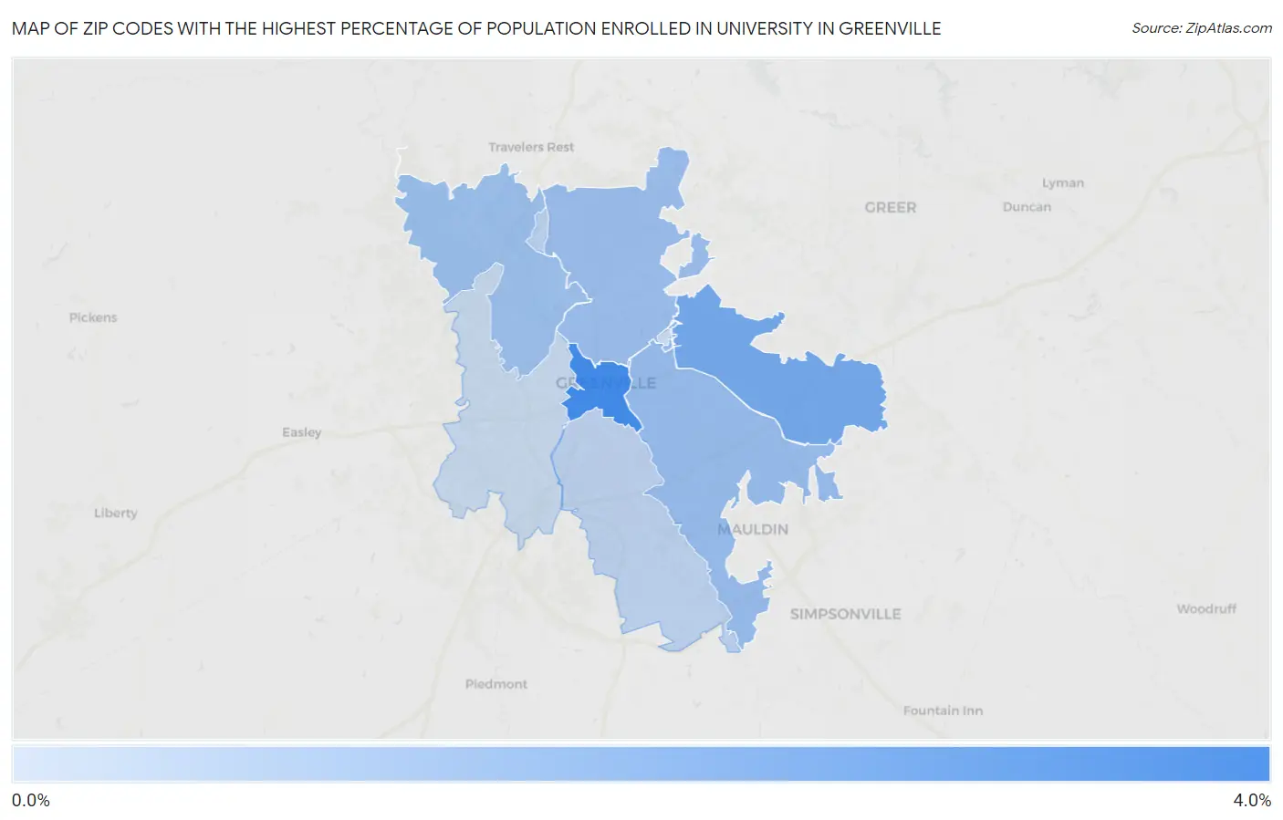 Zip Codes with the Highest Percentage of Population Enrolled in University in Greenville Map