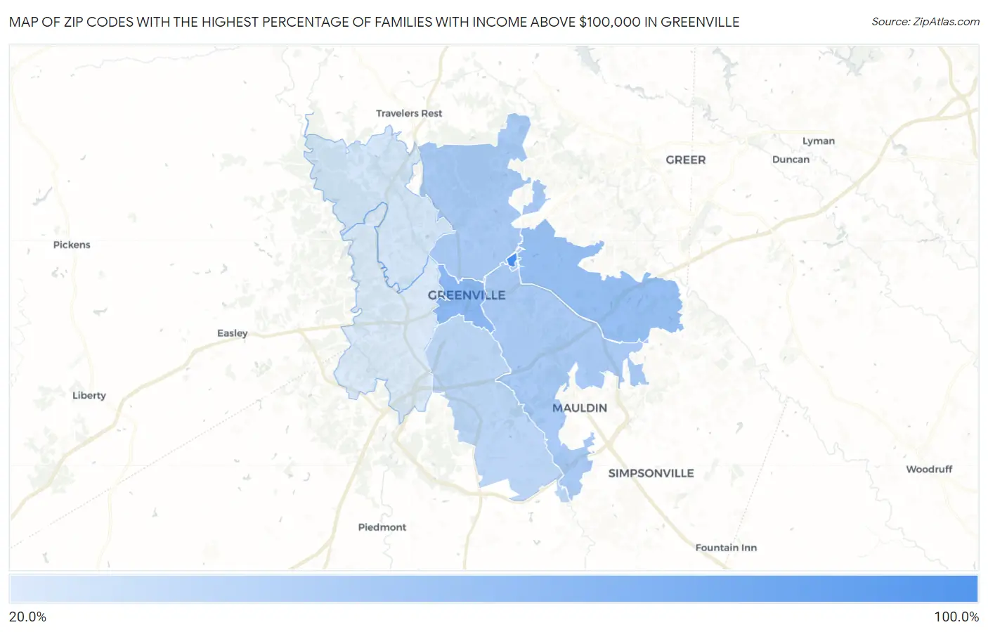 Zip Codes with the Highest Percentage of Families with Income Above $100,000 in Greenville Map