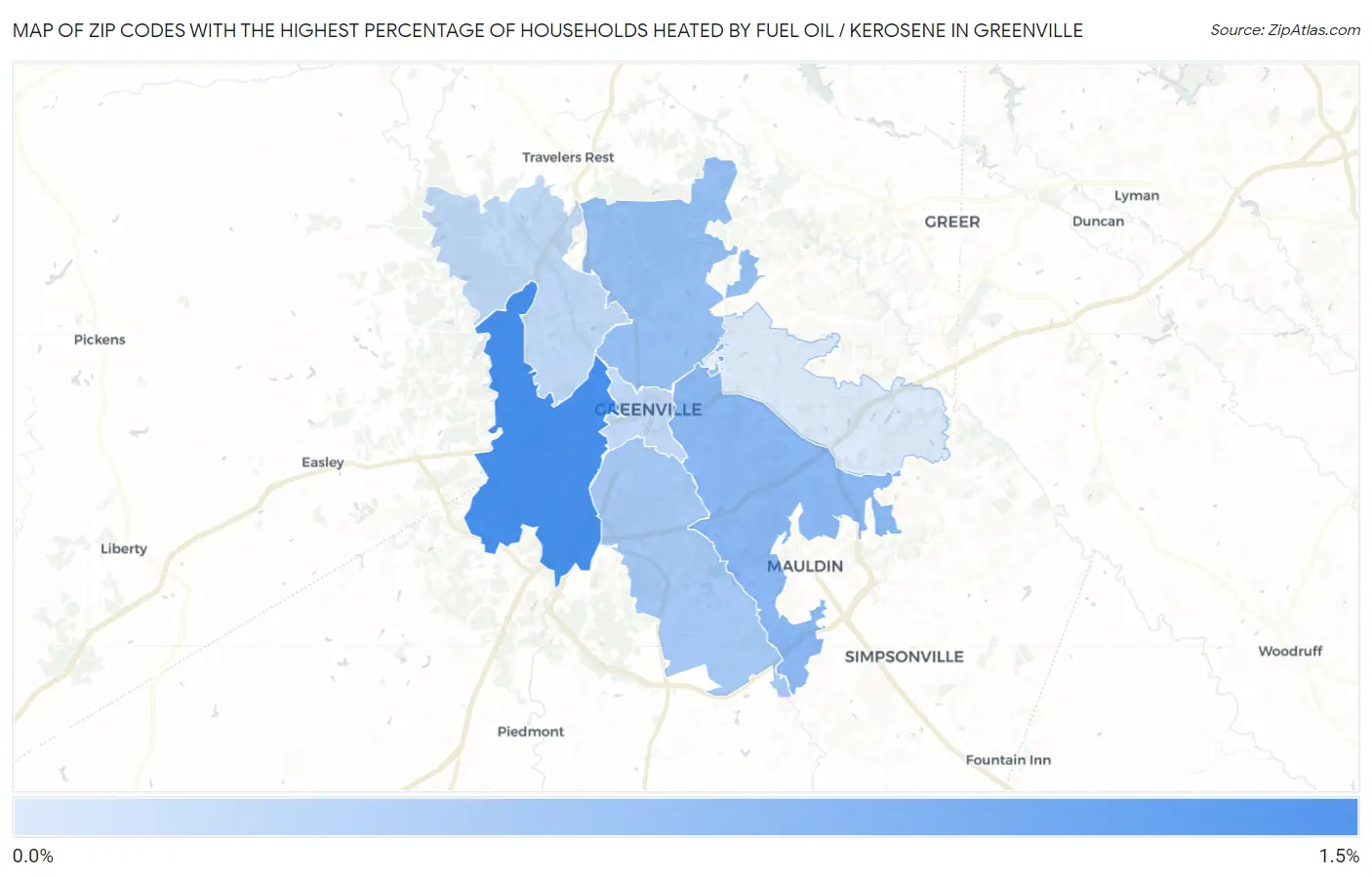 Zip Codes with the Highest Percentage of Households Heated by Fuel Oil / Kerosene in Greenville Map