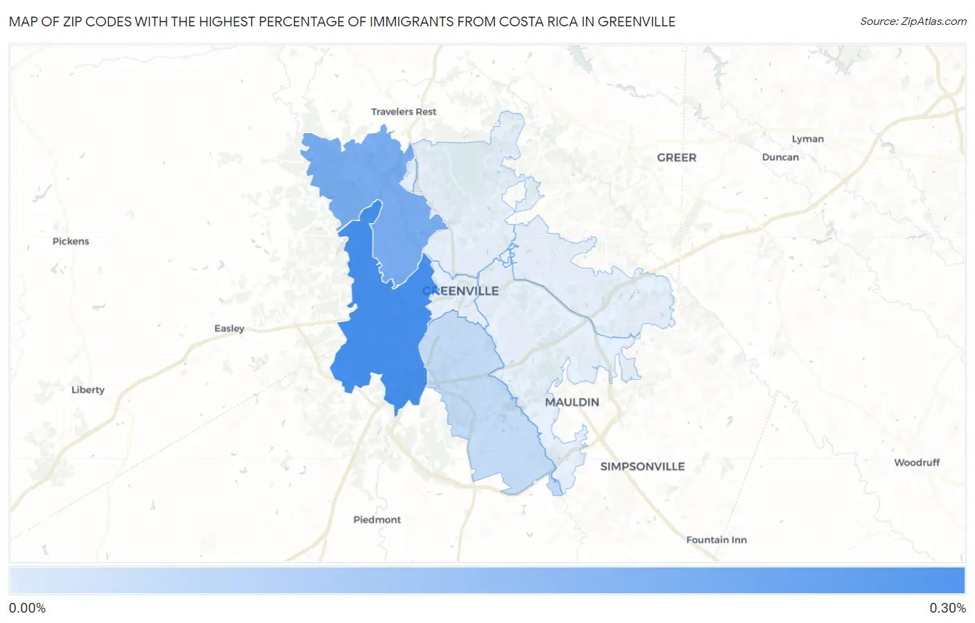 Zip Codes with the Highest Percentage of Immigrants from Costa Rica in Greenville Map