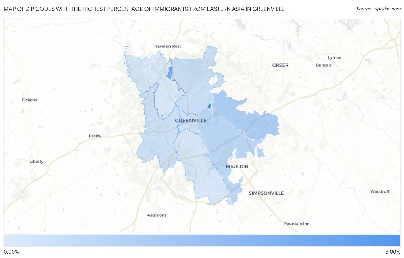 Zip Codes with the Highest Percentage of Immigrants from Eastern Asia in Greenville Map