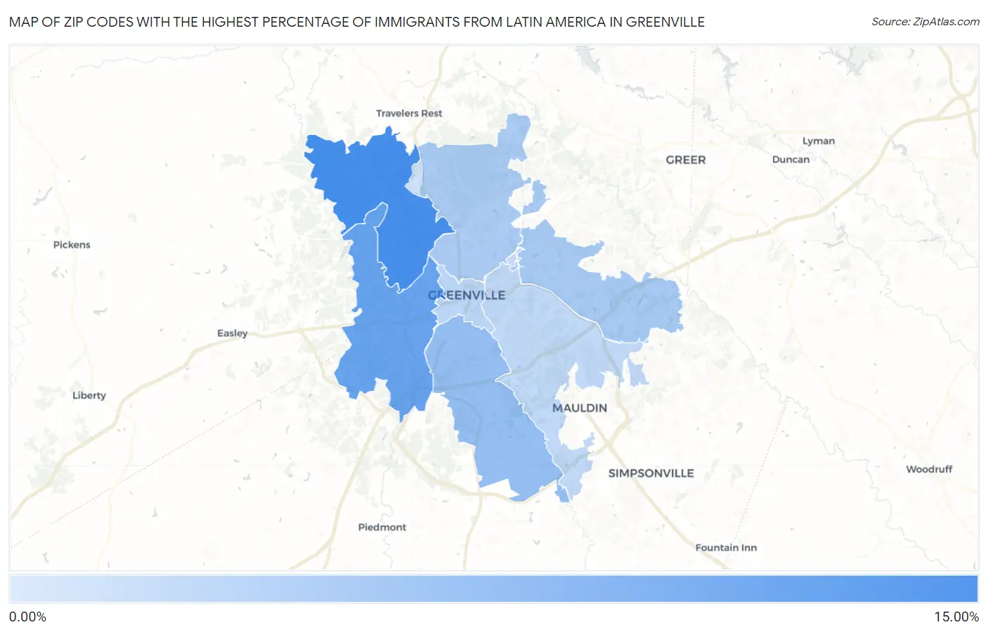 Zip Codes with the Highest Percentage of Immigrants from Latin America in Greenville Map