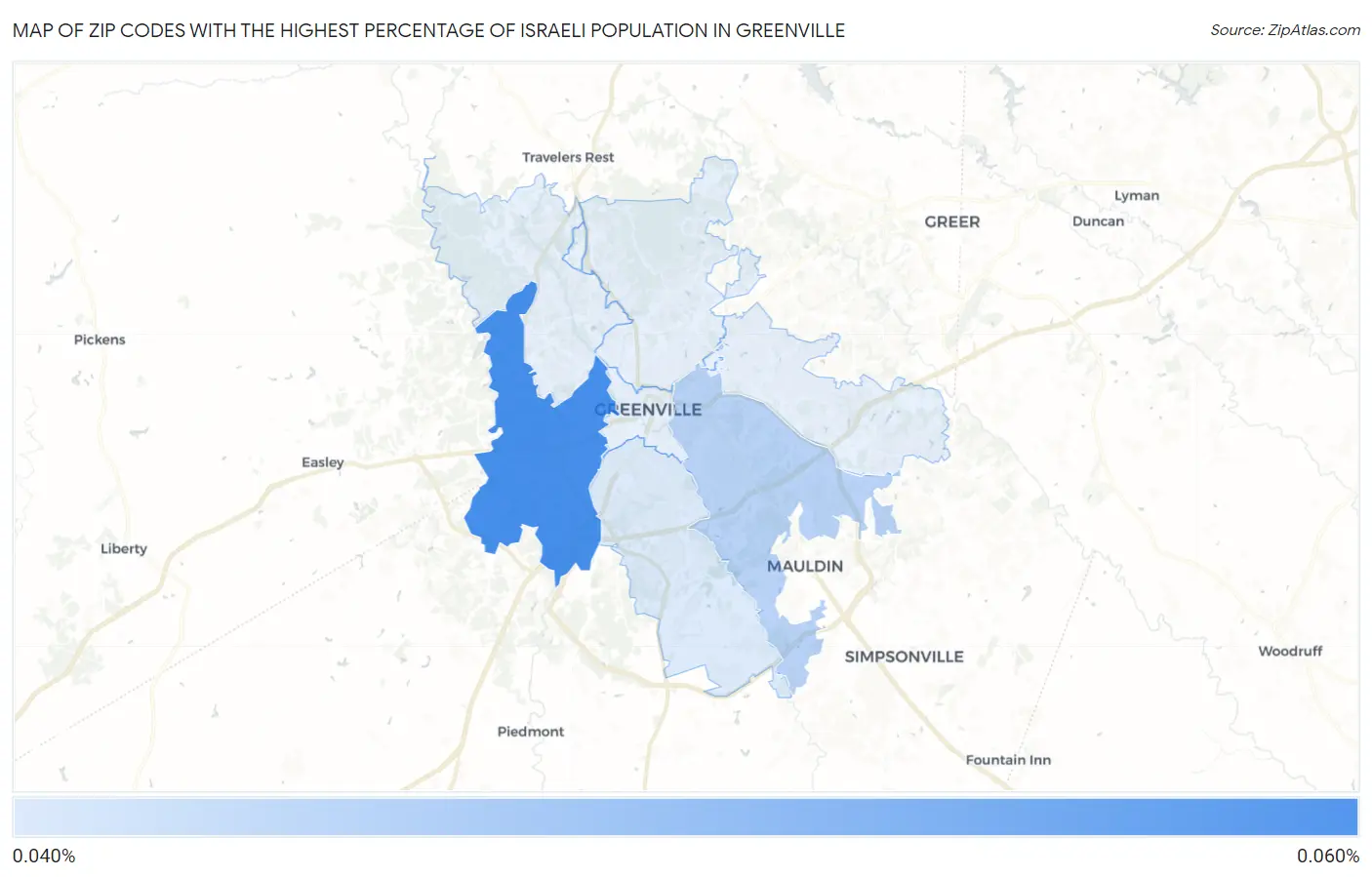Zip Codes with the Highest Percentage of Israeli Population in Greenville Map