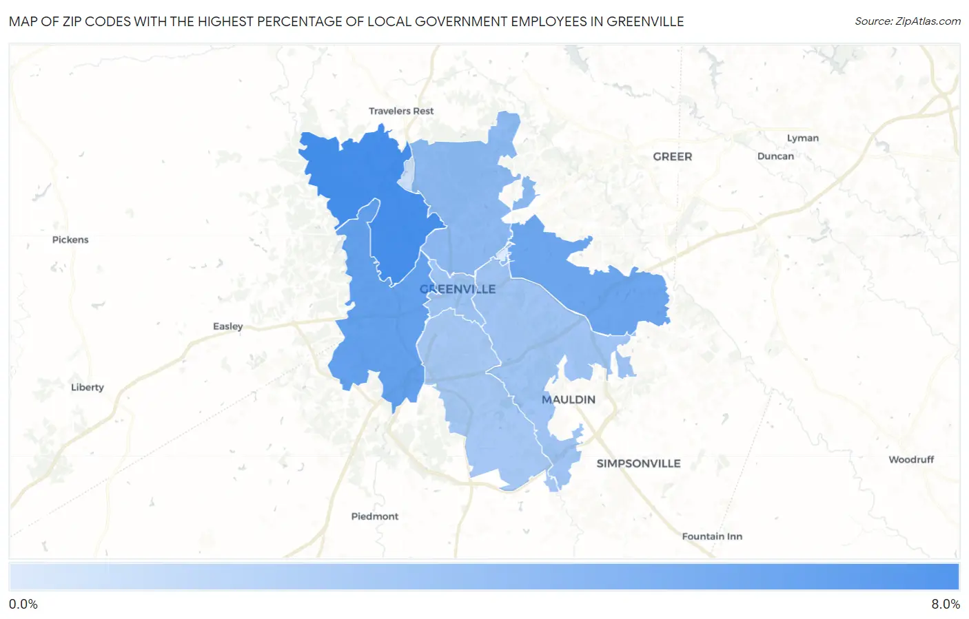 Zip Codes with the Highest Percentage of Local Government Employees in Greenville Map