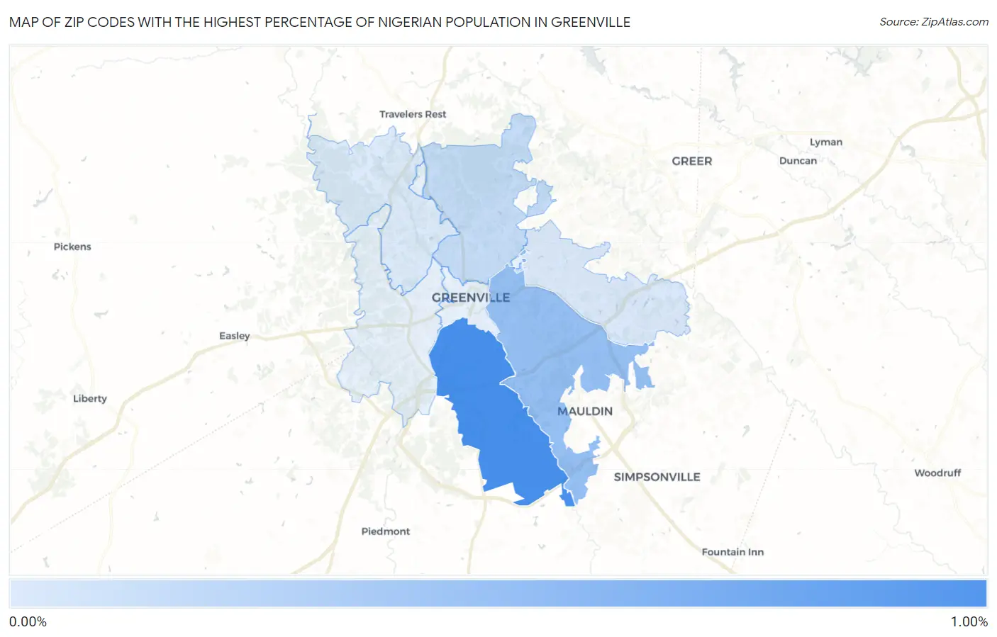 Zip Codes with the Highest Percentage of Nigerian Population in Greenville Map