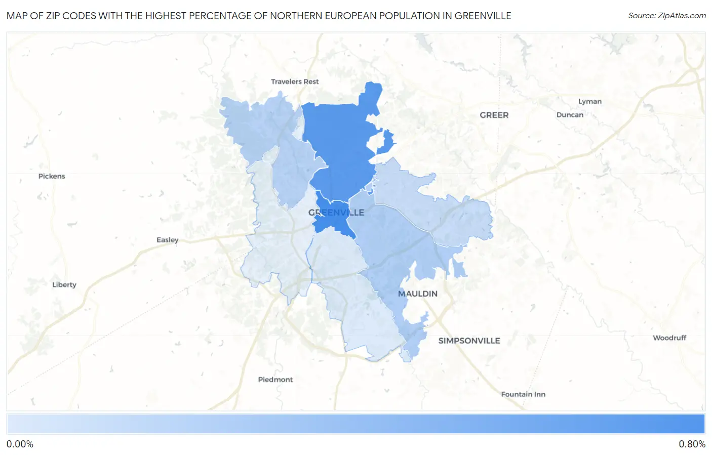 Zip Codes with the Highest Percentage of Northern European Population in Greenville Map