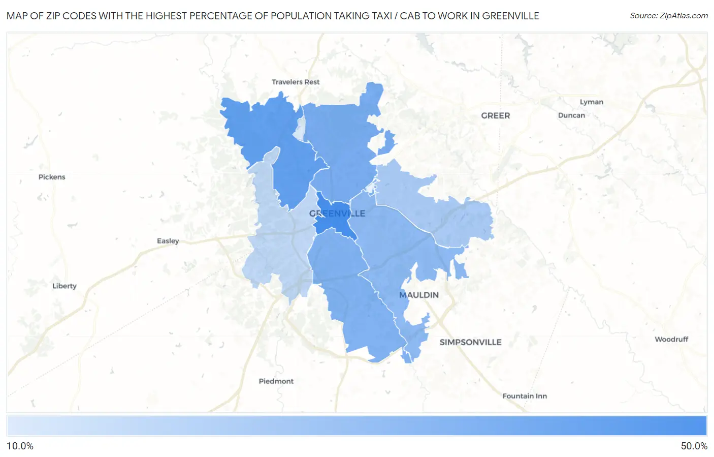 Zip Codes with the Highest Percentage of Population Taking Taxi / Cab to Work in Greenville Map