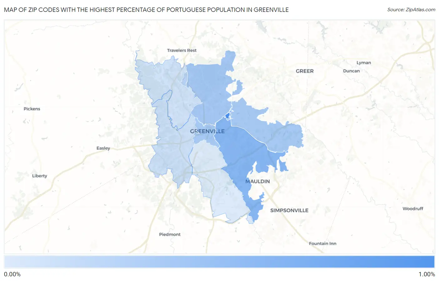 Zip Codes with the Highest Percentage of Portuguese Population in Greenville Map