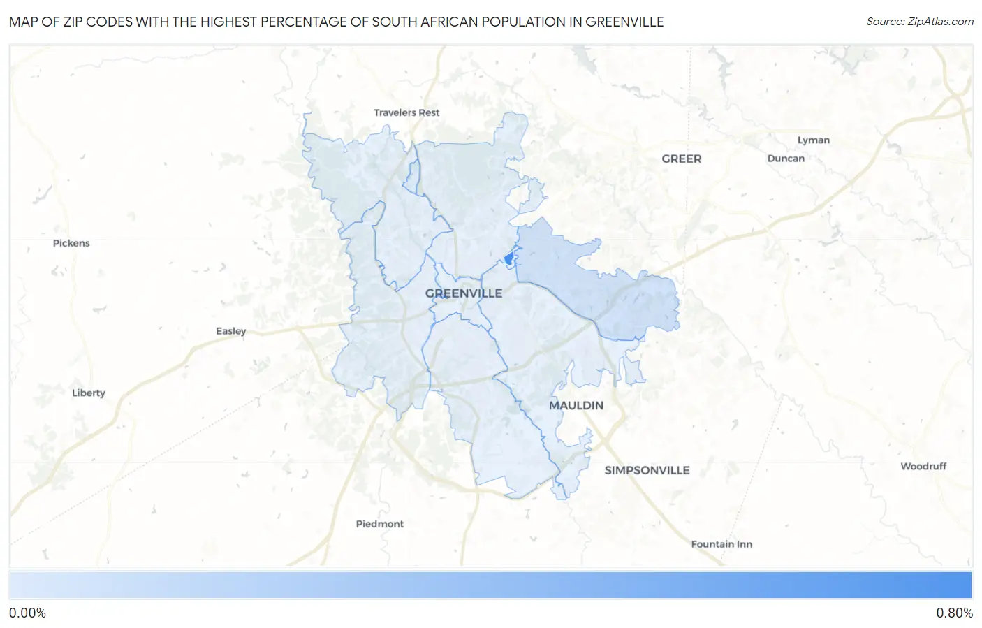 Zip Codes with the Highest Percentage of South African Population in Greenville Map