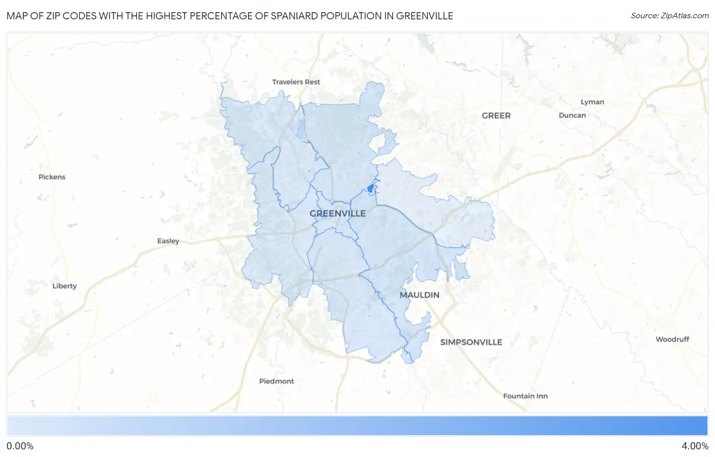 Zip Codes with the Highest Percentage of Spaniard Population in Greenville Map