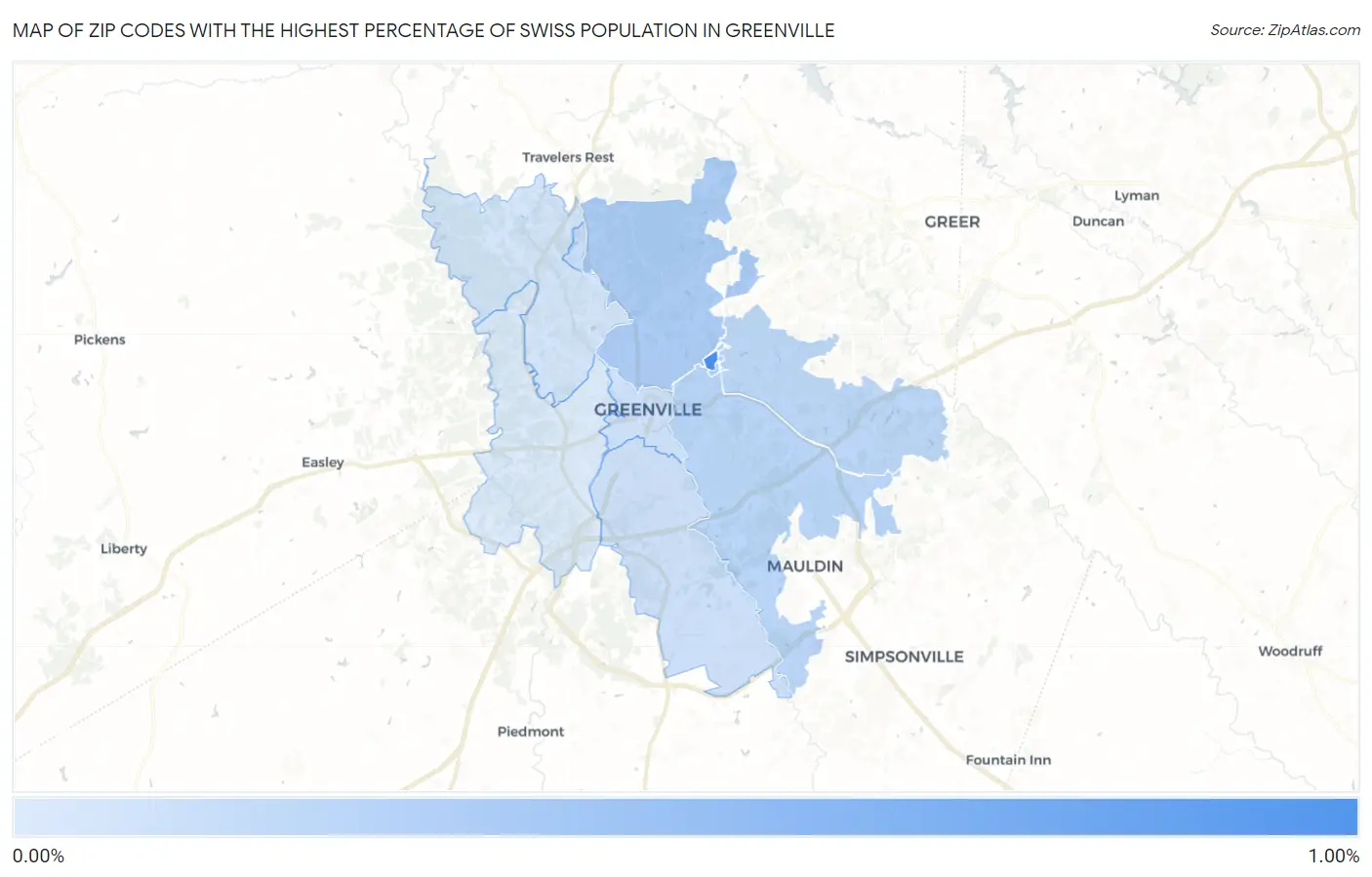 Zip Codes with the Highest Percentage of Swiss Population in Greenville Map