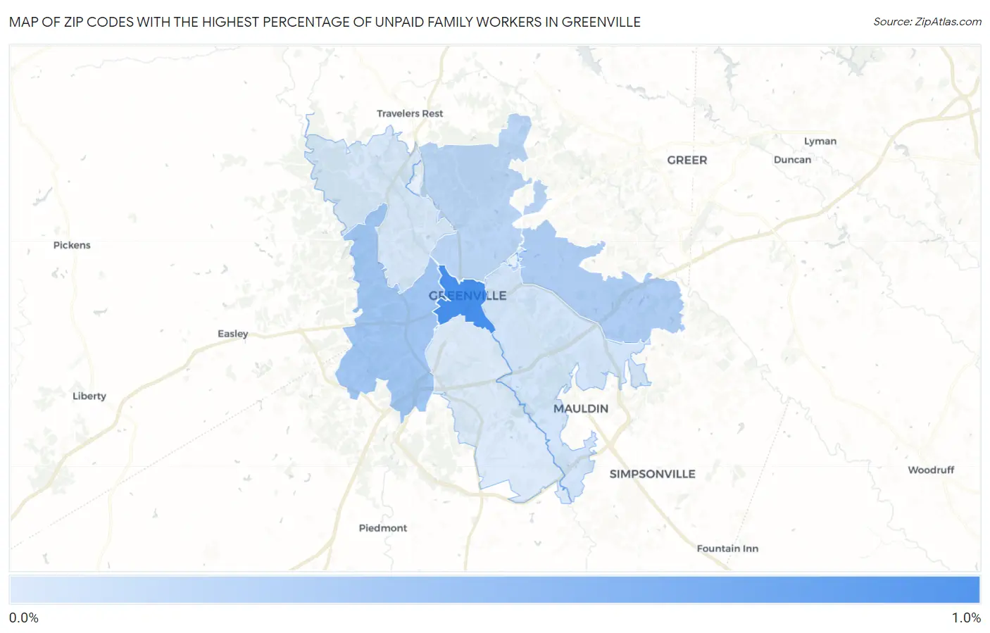 Zip Codes with the Highest Percentage of Unpaid Family Workers in Greenville Map