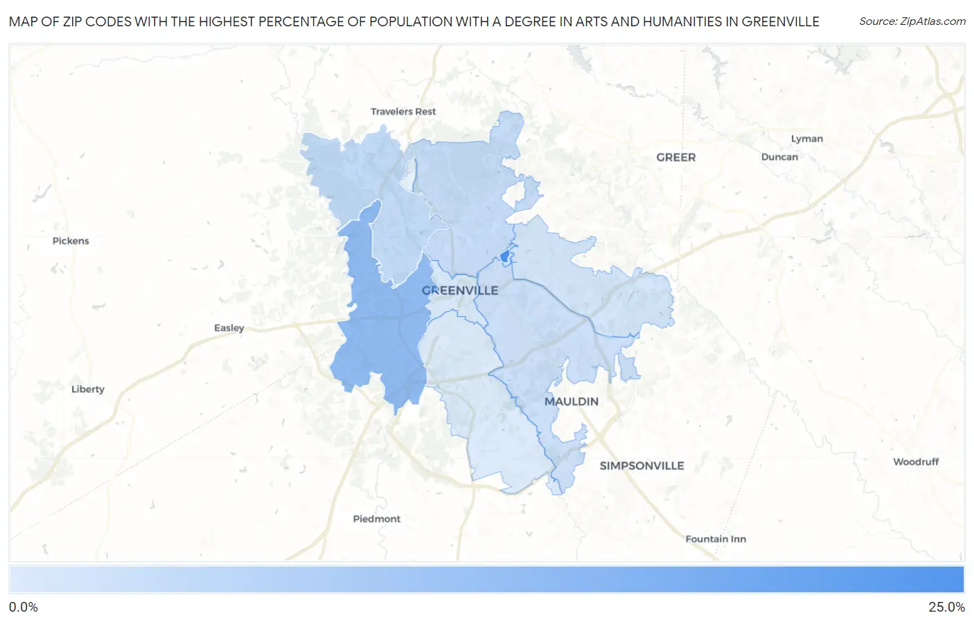Zip Codes with the Highest Percentage of Population with a Degree in Arts and Humanities in Greenville Map