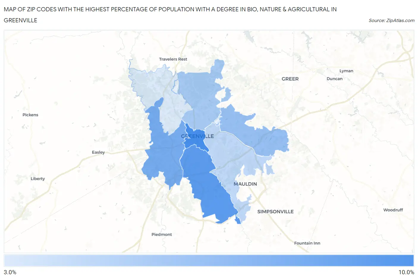 Zip Codes with the Highest Percentage of Population with a Degree in Bio, Nature & Agricultural in Greenville Map