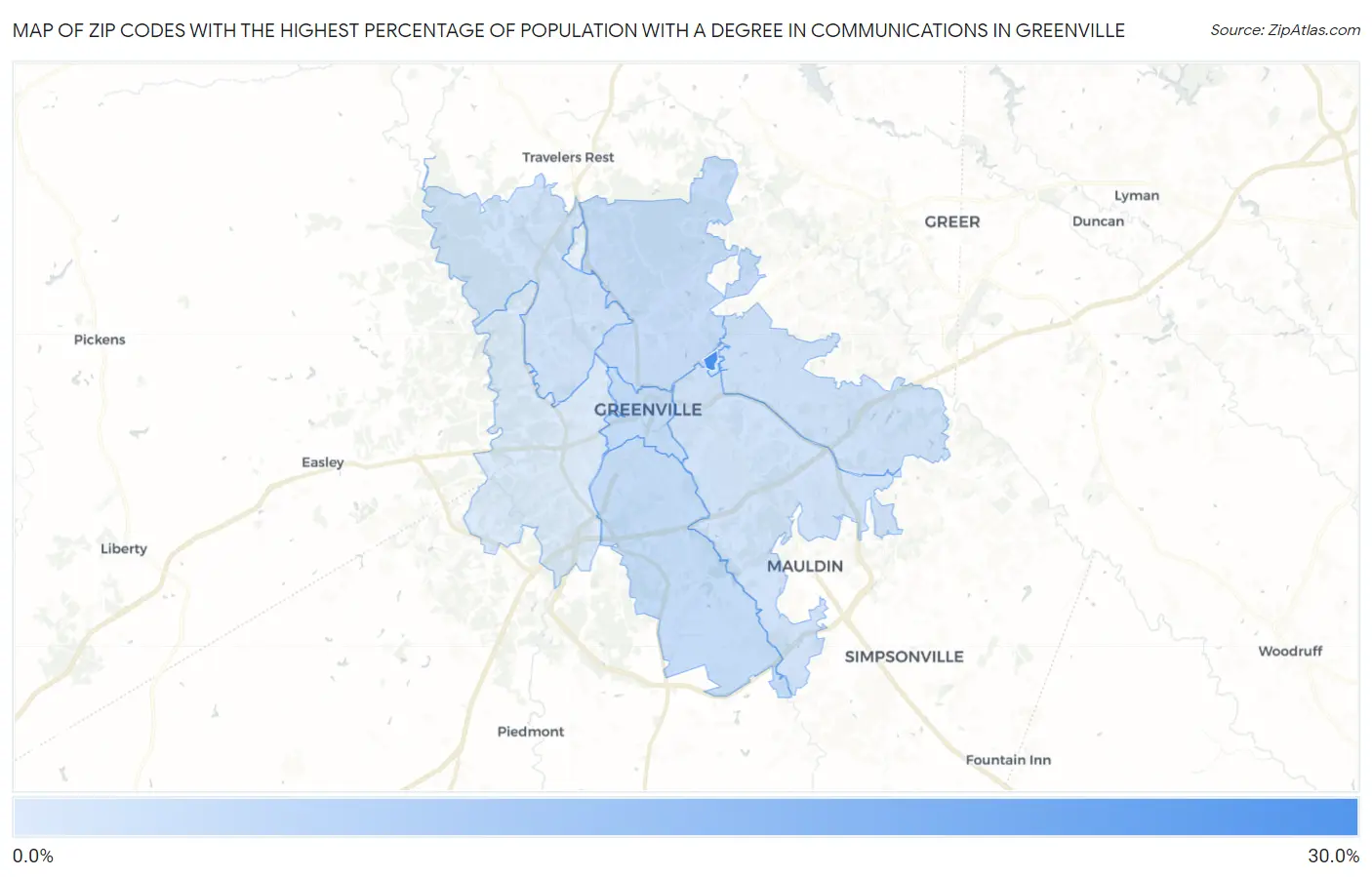 Zip Codes with the Highest Percentage of Population with a Degree in Communications in Greenville Map