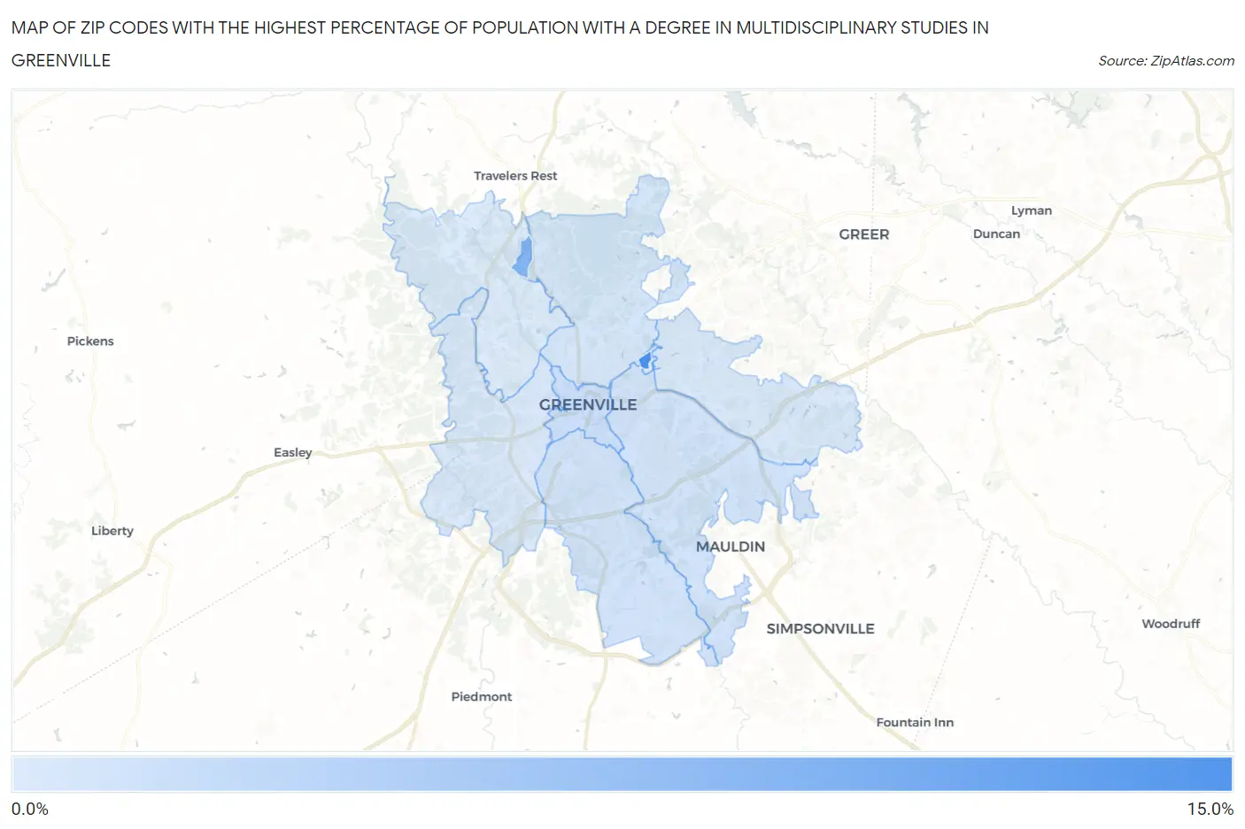 Zip Codes with the Highest Percentage of Population with a Degree in Multidisciplinary Studies in Greenville Map