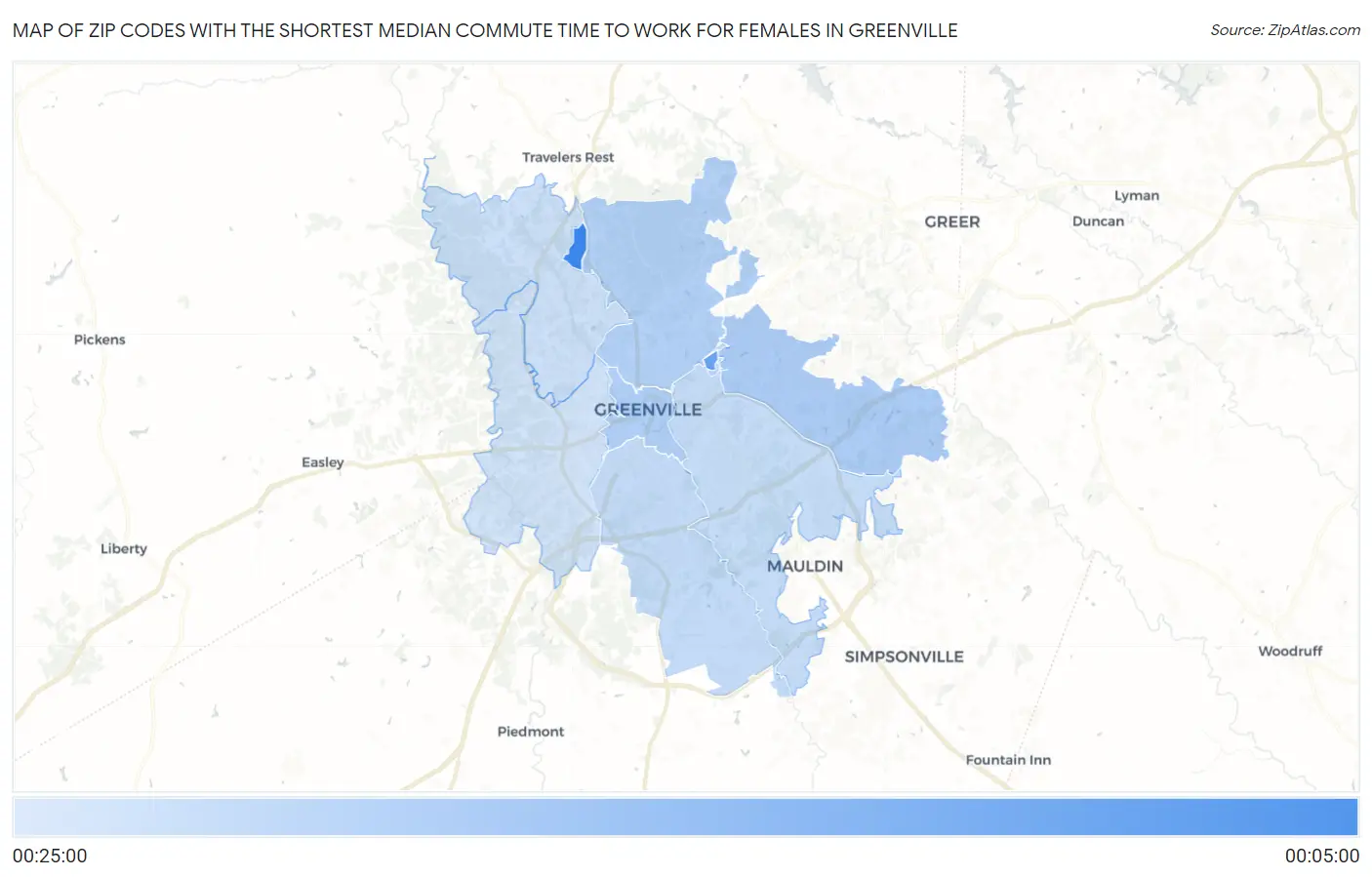 Zip Codes with the Shortest Median Commute Time to Work for Females in Greenville Map
