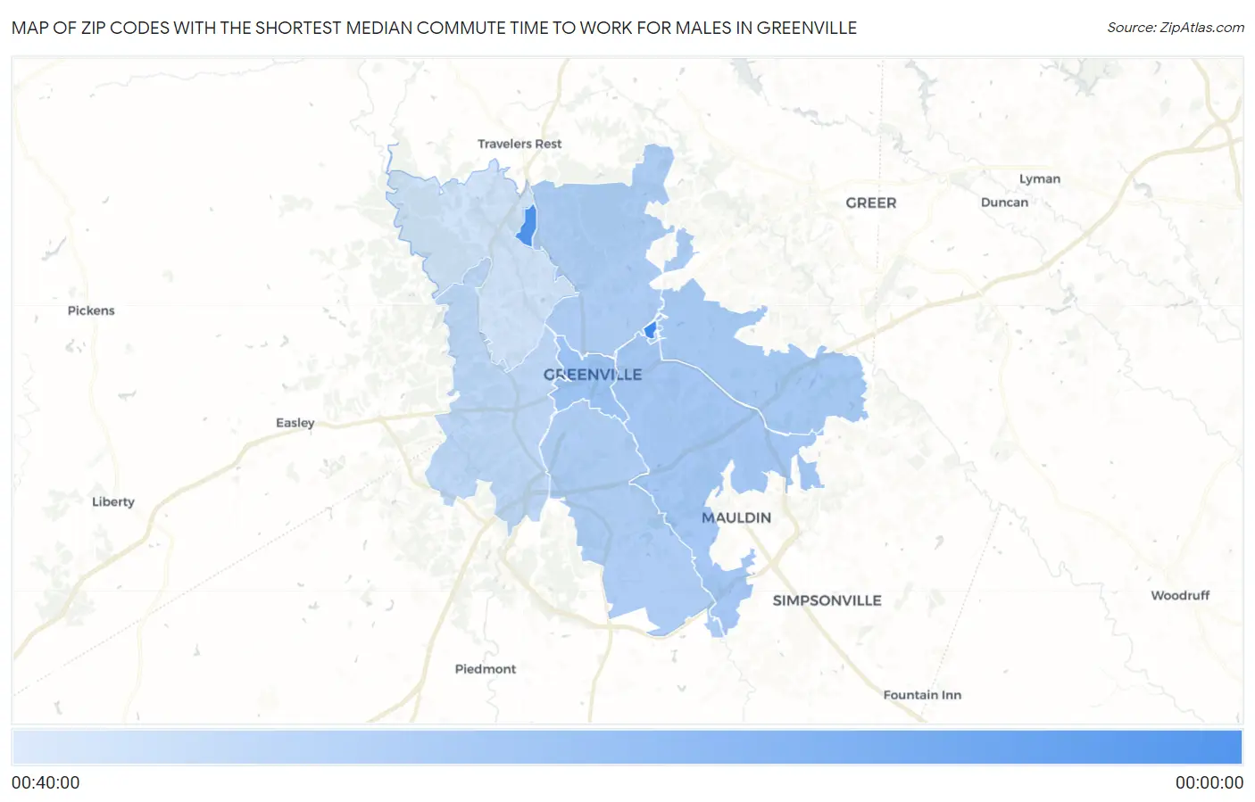 Zip Codes with the Shortest Median Commute Time to Work for Males in Greenville Map