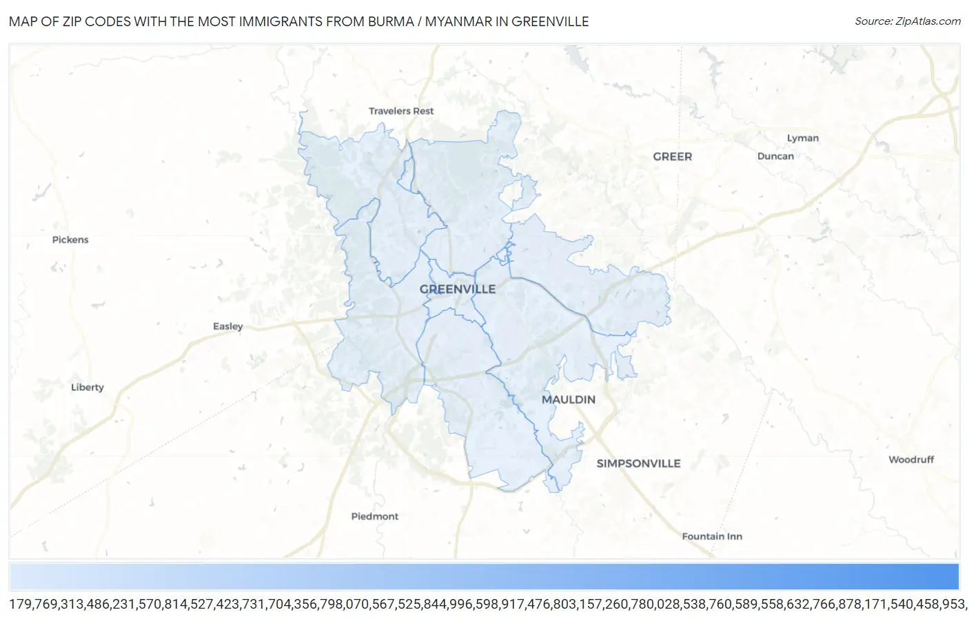 Zip Codes with the Most Immigrants from Burma / Myanmar in Greenville Map