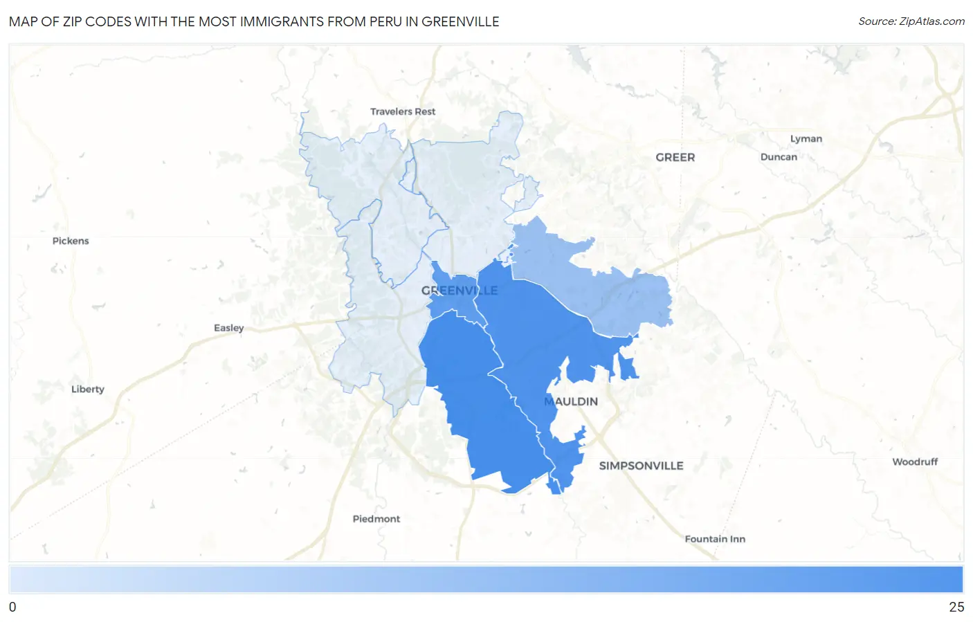 Zip Codes with the Most Immigrants from Peru in Greenville Map