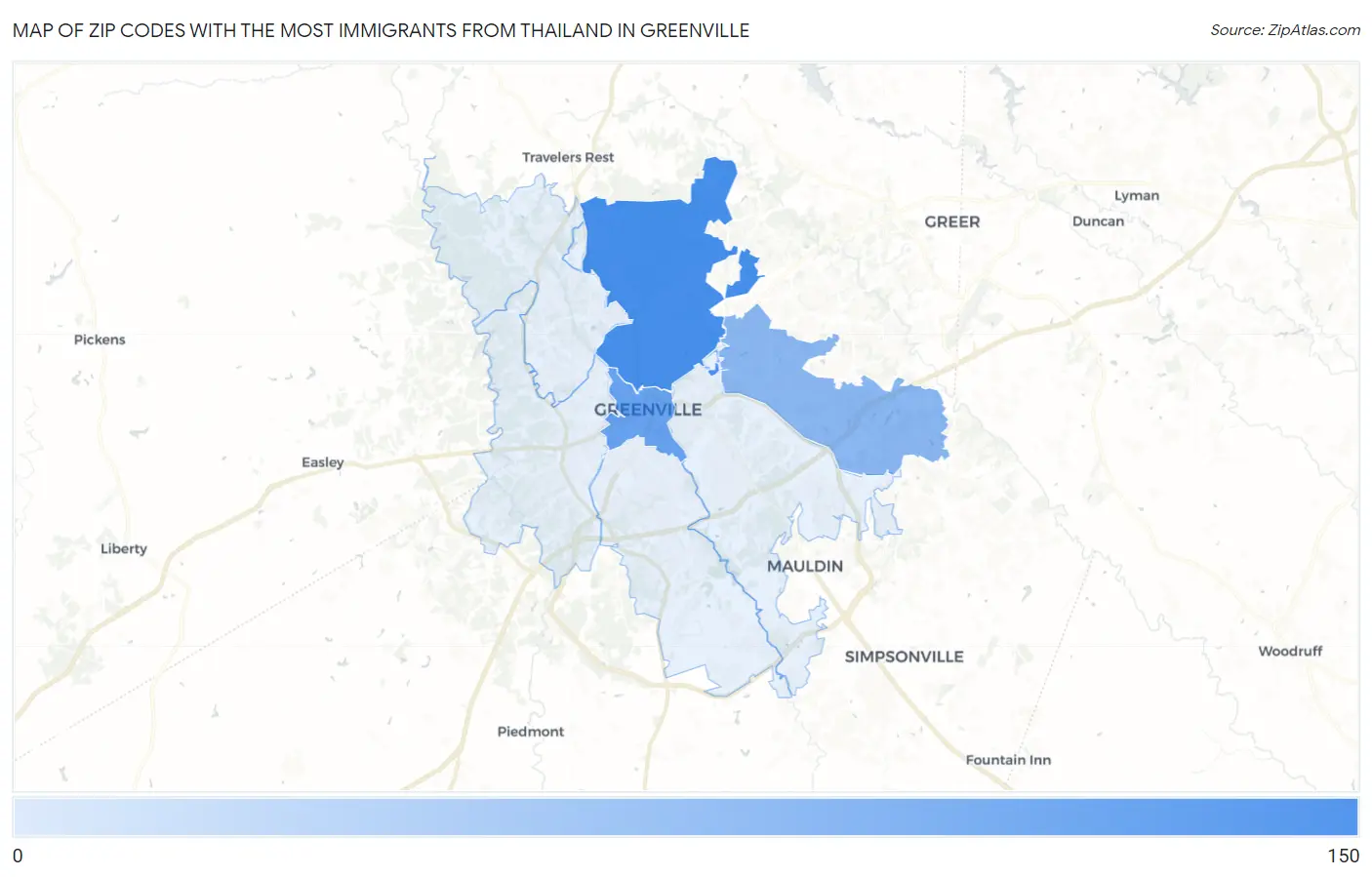 Zip Codes with the Most Immigrants from Thailand in Greenville Map