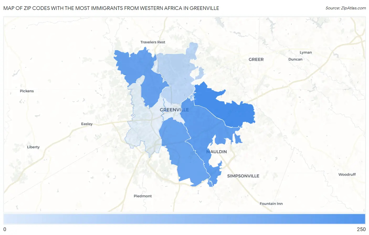 Zip Codes with the Most Immigrants from Western Africa in Greenville Map