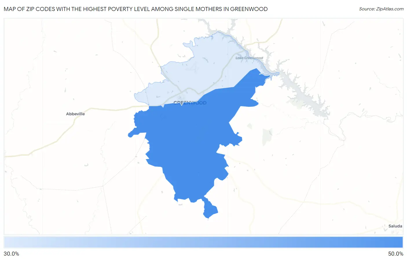 Zip Codes with the Highest Poverty Level Among Single Mothers in Greenwood Map